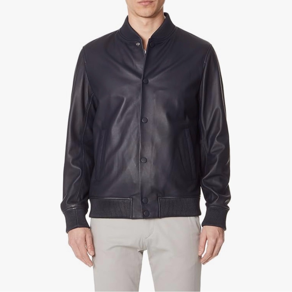 Theory Men's Hubert Varsity Leather Jacket - Navy Blue - Size Large